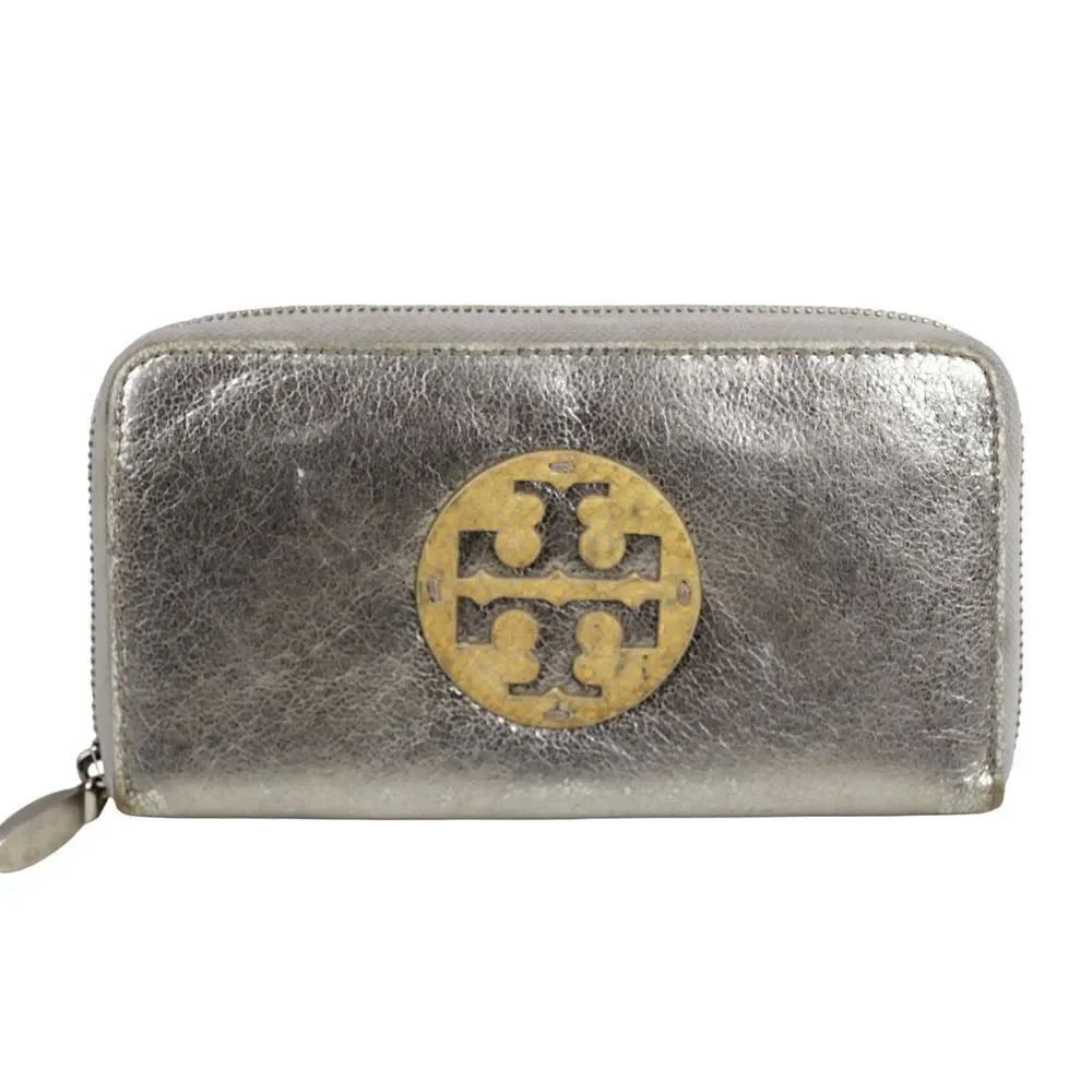 Tory Burch SILVER GENUINE LEATHER LOGO COIN BILL HOLDER WALLET CLUTCH POUCH